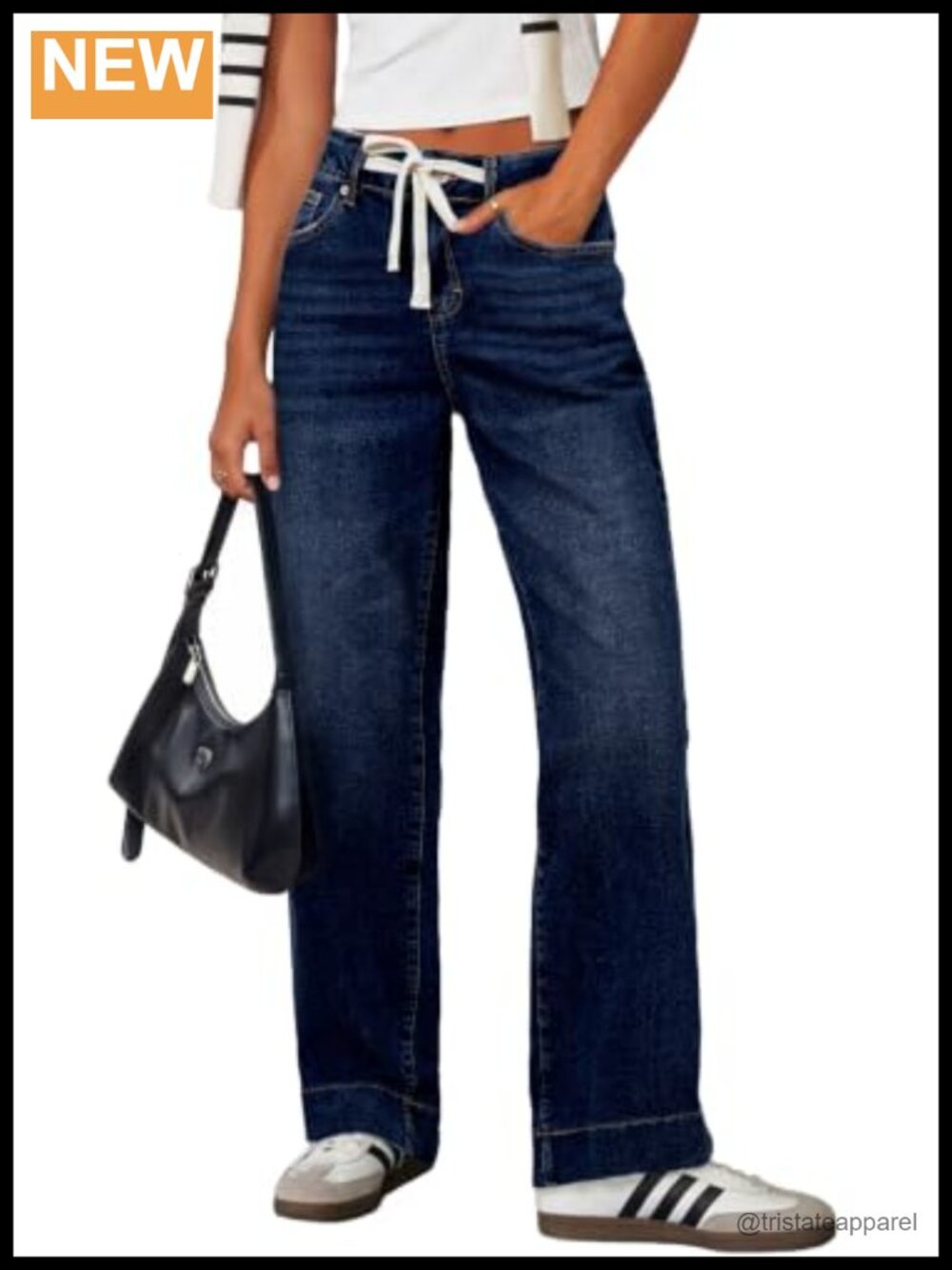 High Waisted Straight Leg Jeans Drawstring Denim Pants Stretch Cotton